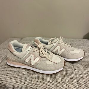 Pink and Tan New Balance 574 Sneakers